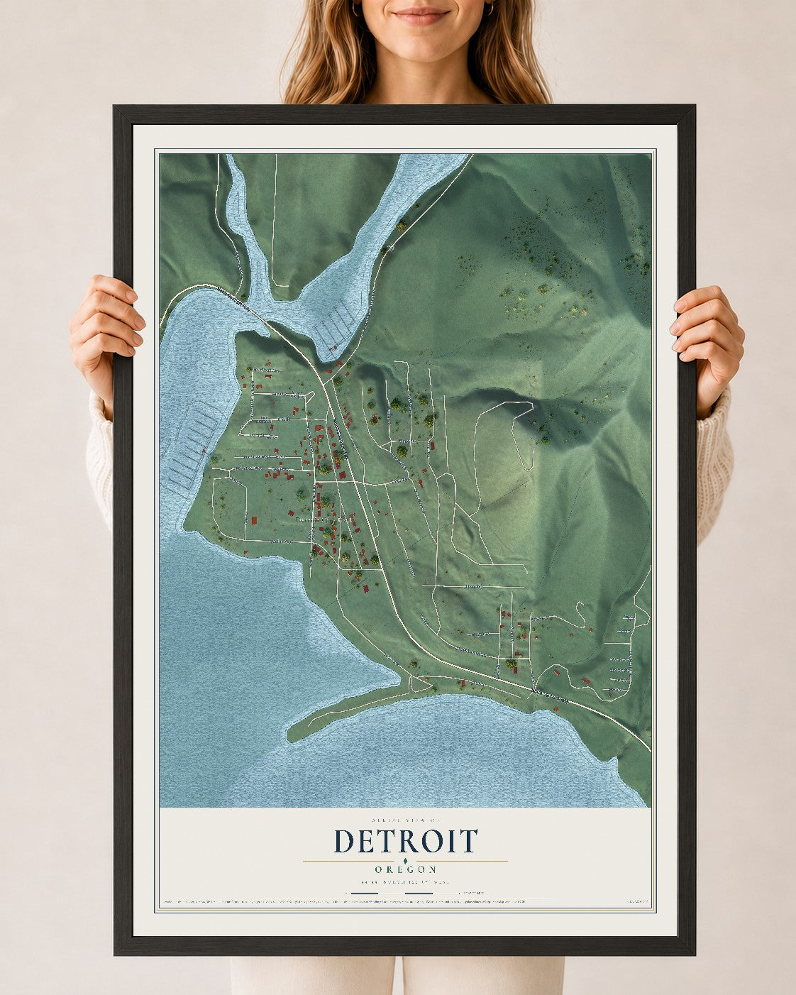 Map of Detroit, Oregon, 24 x 36 inch print in a black wood frame