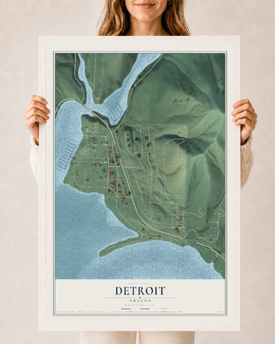 Map of Detroit, Oregon, 24 x 36 inch print in a white wood frame