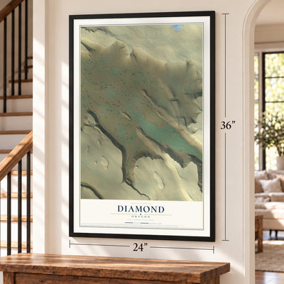 Diamond, Oregon map, 24 x 36 inch print in a black frame by a staircase