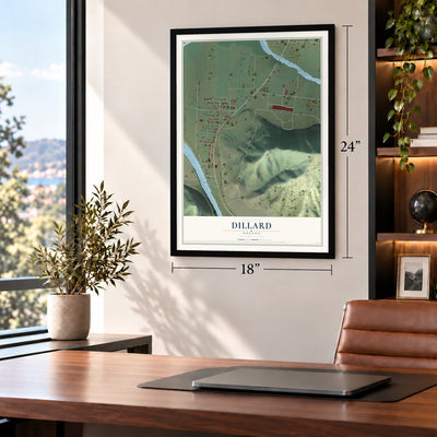 Dillard, Oregon map, 18 x 24 inch print in a black frame in a home office