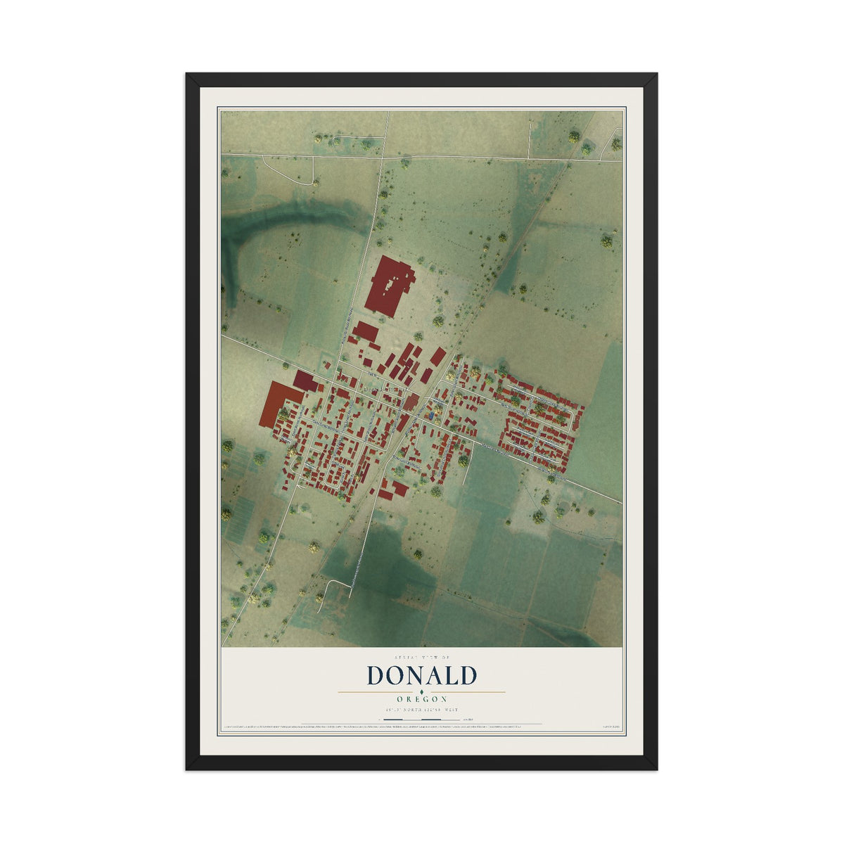 Map of Donald, Oregon, 12 x 18 inch print in a black wood frame