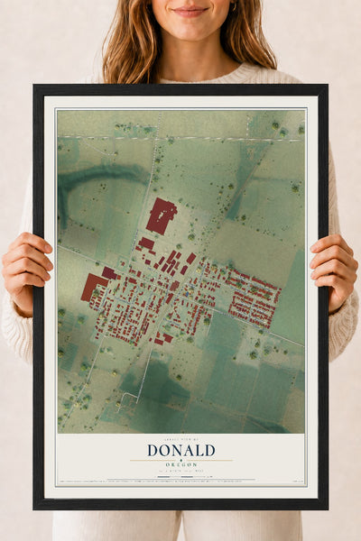 Map of Donald, Oregon, 18 x 24 inch print in a black wood frame