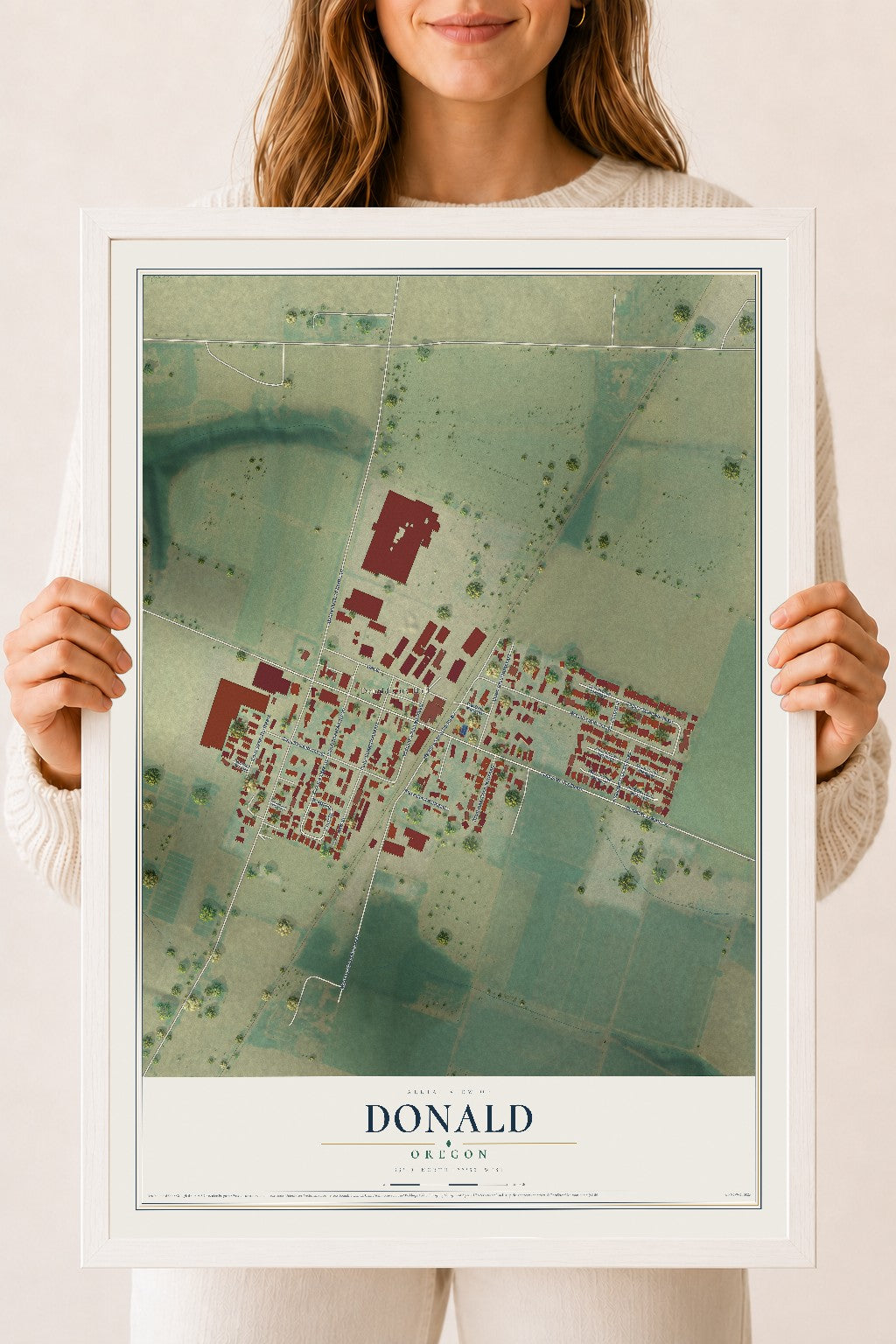 Map of Donald, Oregon, 18 x 24 inch print in a white wood frame
