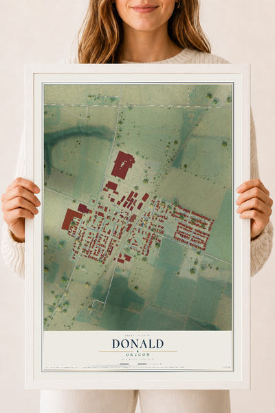 Map of Donald, Oregon, 18 x 24 inch print in a white wood frame