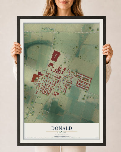 Map of Donald, Oregon, 24 x 36 inch print in a black wood frame