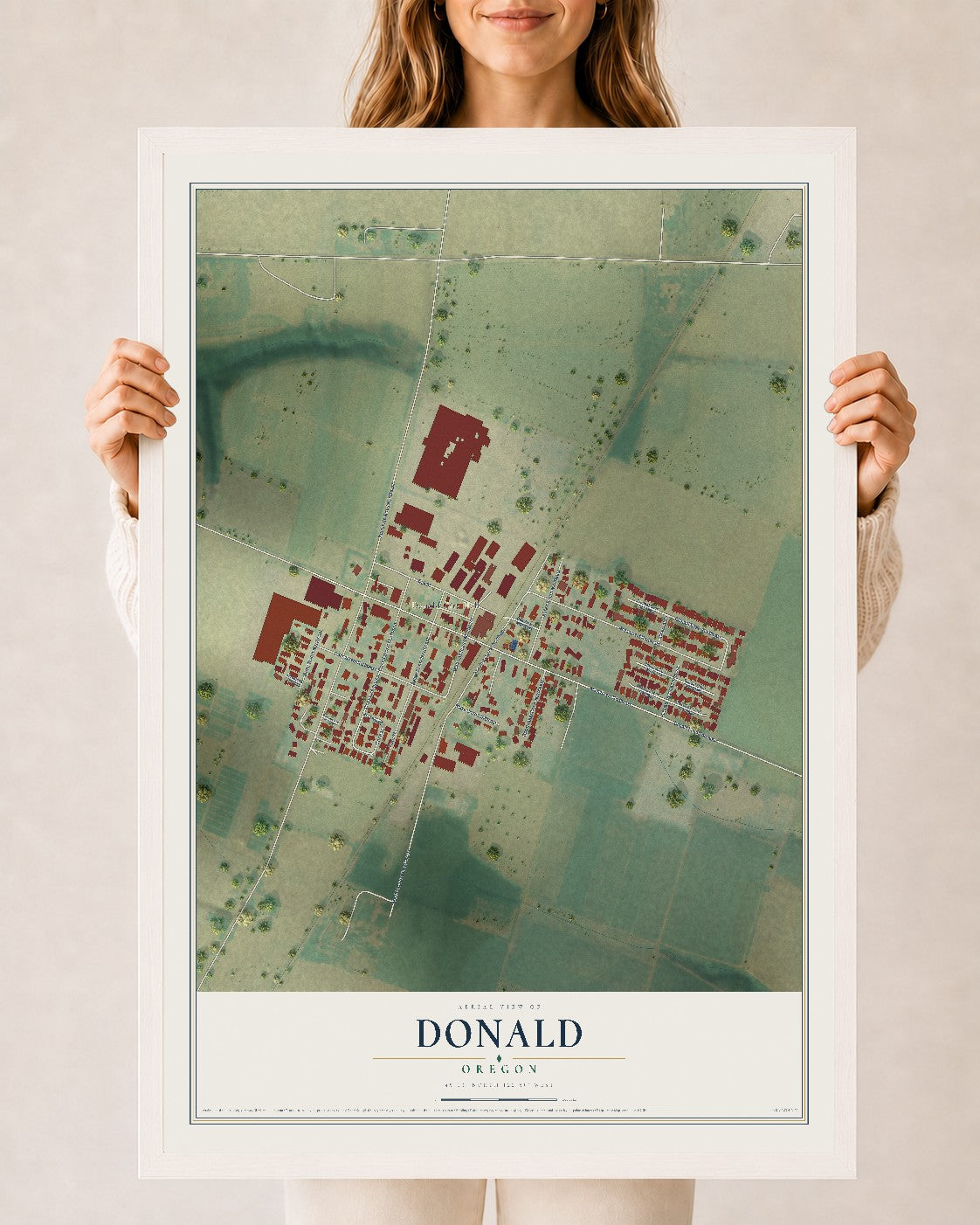 Map of Donald, Oregon, 24 x 36 inch print in a white wood frame