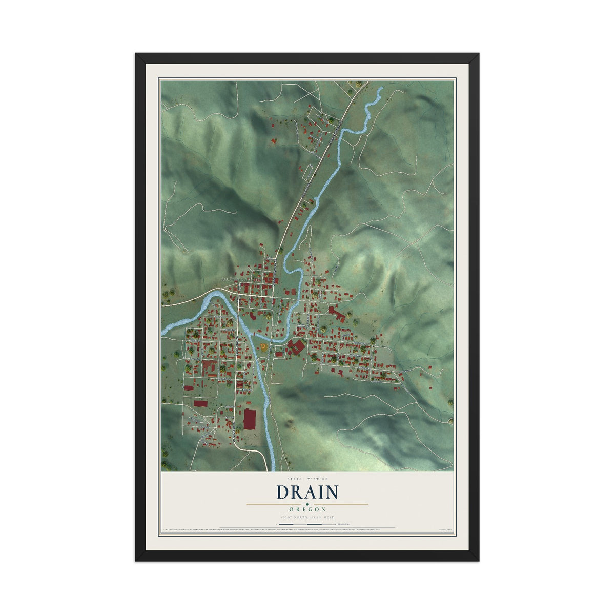 Map of Drain, Oregon, 12 x 18 inch print in a black wood frame