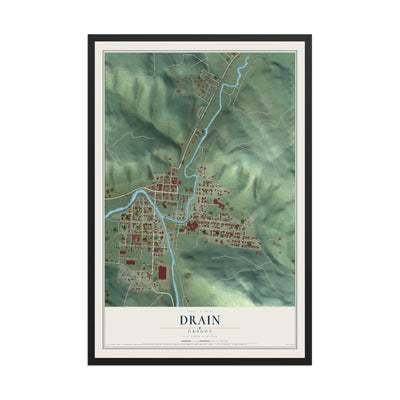 Map of Drain, Oregon, 12 x 18 inch print in a black wood frame