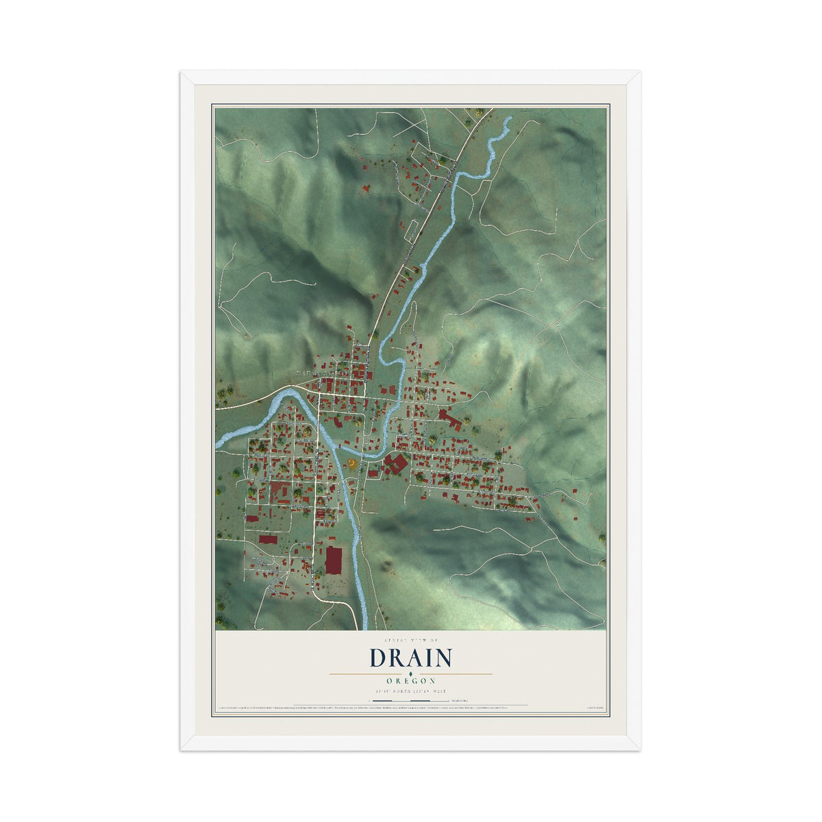 Map of Drain, Oregon, 12 x 18 inch print in a white wood frame