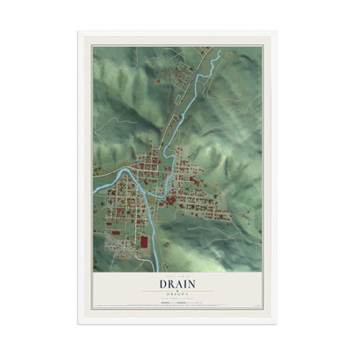 Map of Drain, Oregon, 12 x 18 inch print in a white wood frame