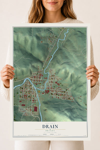 Map of Drain, Oregon, 18 x 24 inch unframed archival matte print