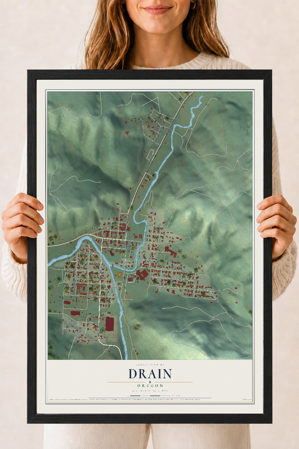 Map of Drain, Oregon, 18 x 24 inch print in a black wood frame