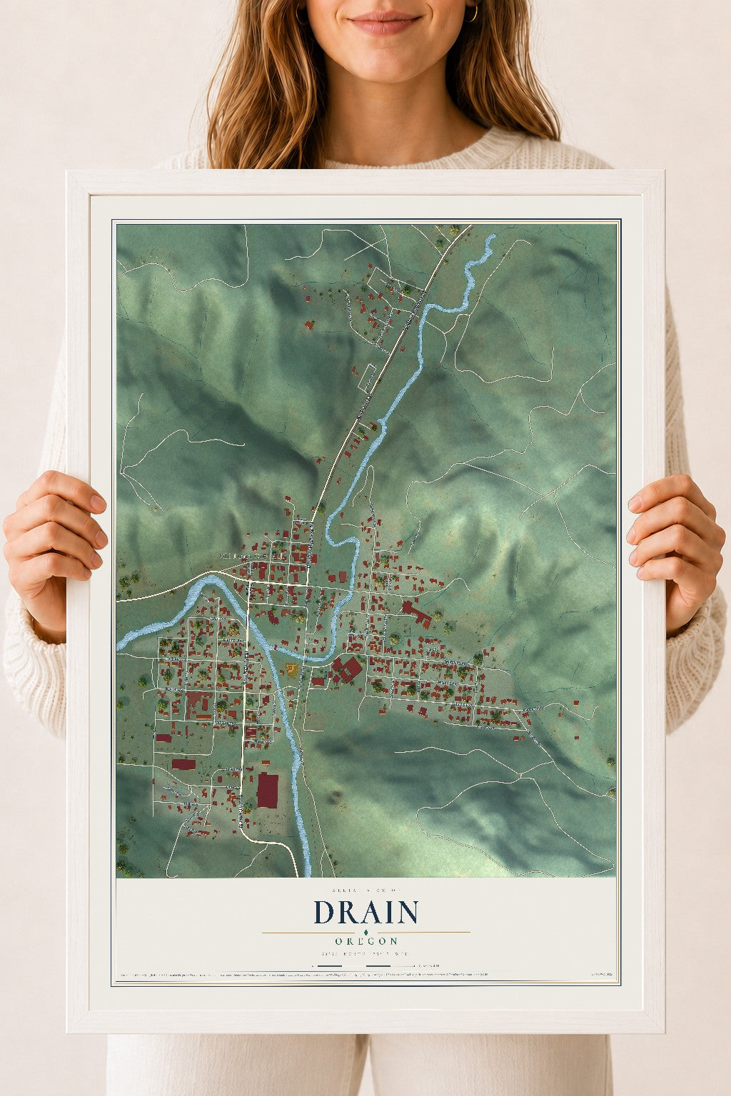 Map of Drain, Oregon, 18 x 24 inch print in a white wood frame