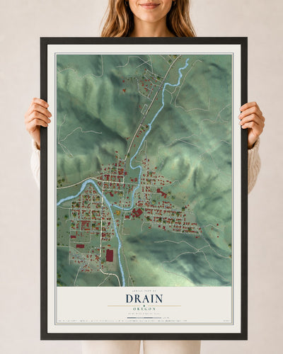 Map of Drain, Oregon, 24 x 36 inch print in a black wood frame