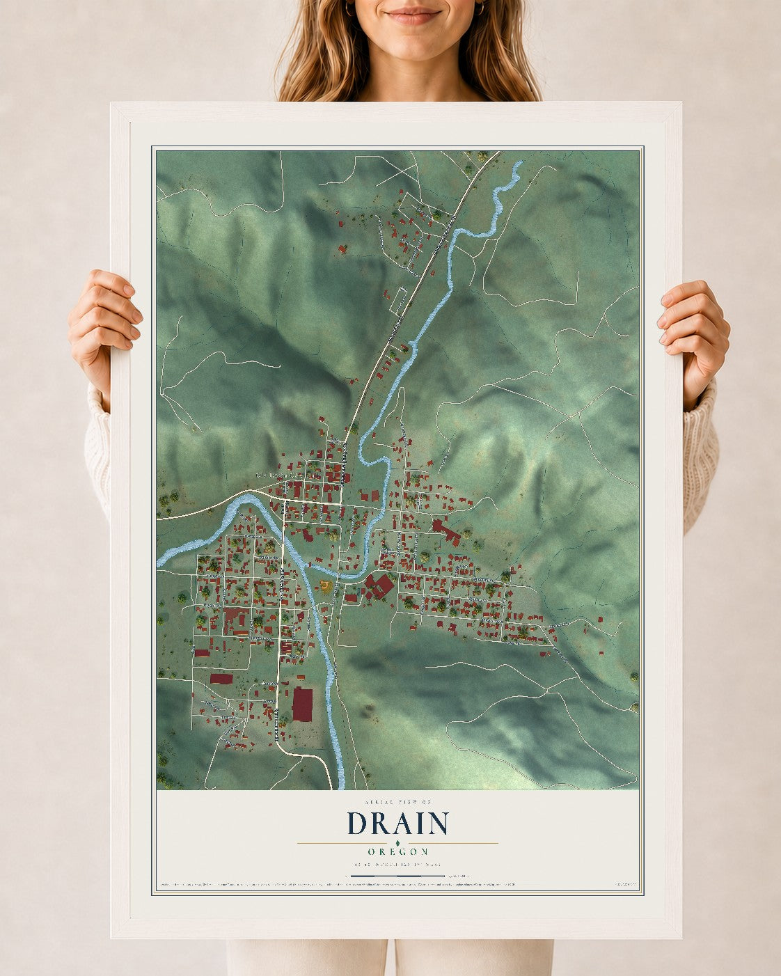 Map of Drain, Oregon, 24 x 36 inch print in a white wood frame
