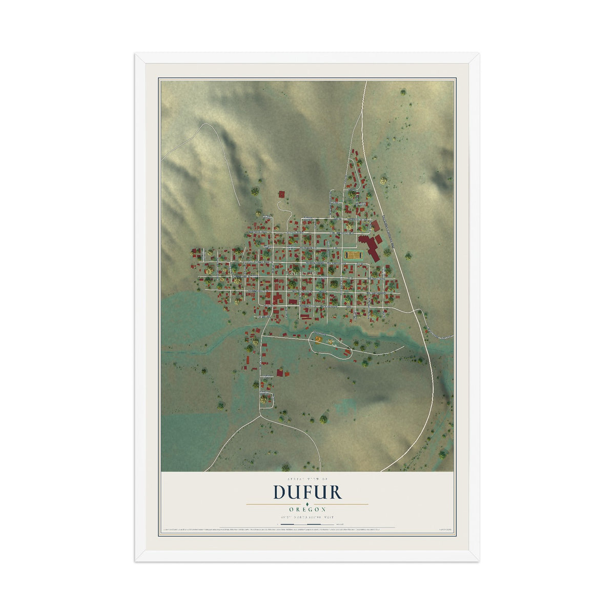 Map of Dufur, Oregon, 12 x 18 inch print in a white wood frame