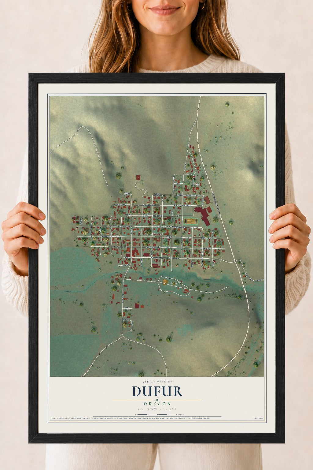 Map of Dufur, Oregon, 18 x 24 inch print in a black wood frame