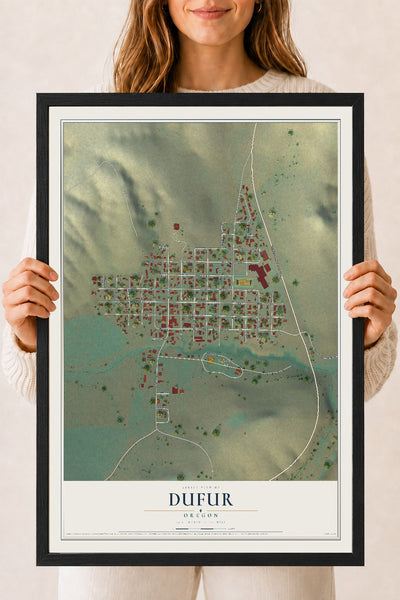 Map of Dufur, Oregon, 18 x 24 inch print in a black wood frame