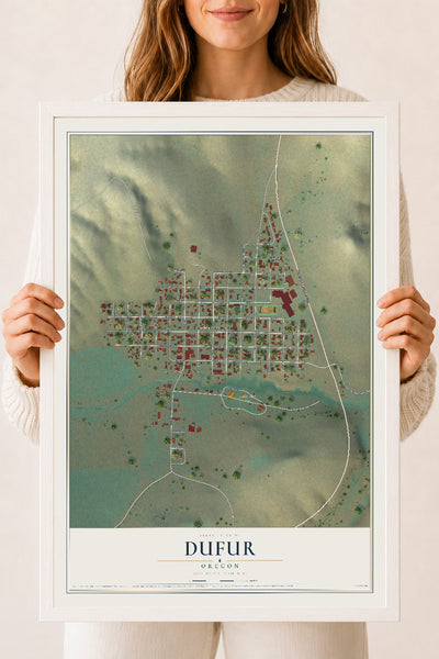 Map of Dufur, Oregon, 18 x 24 inch print in a white wood frame