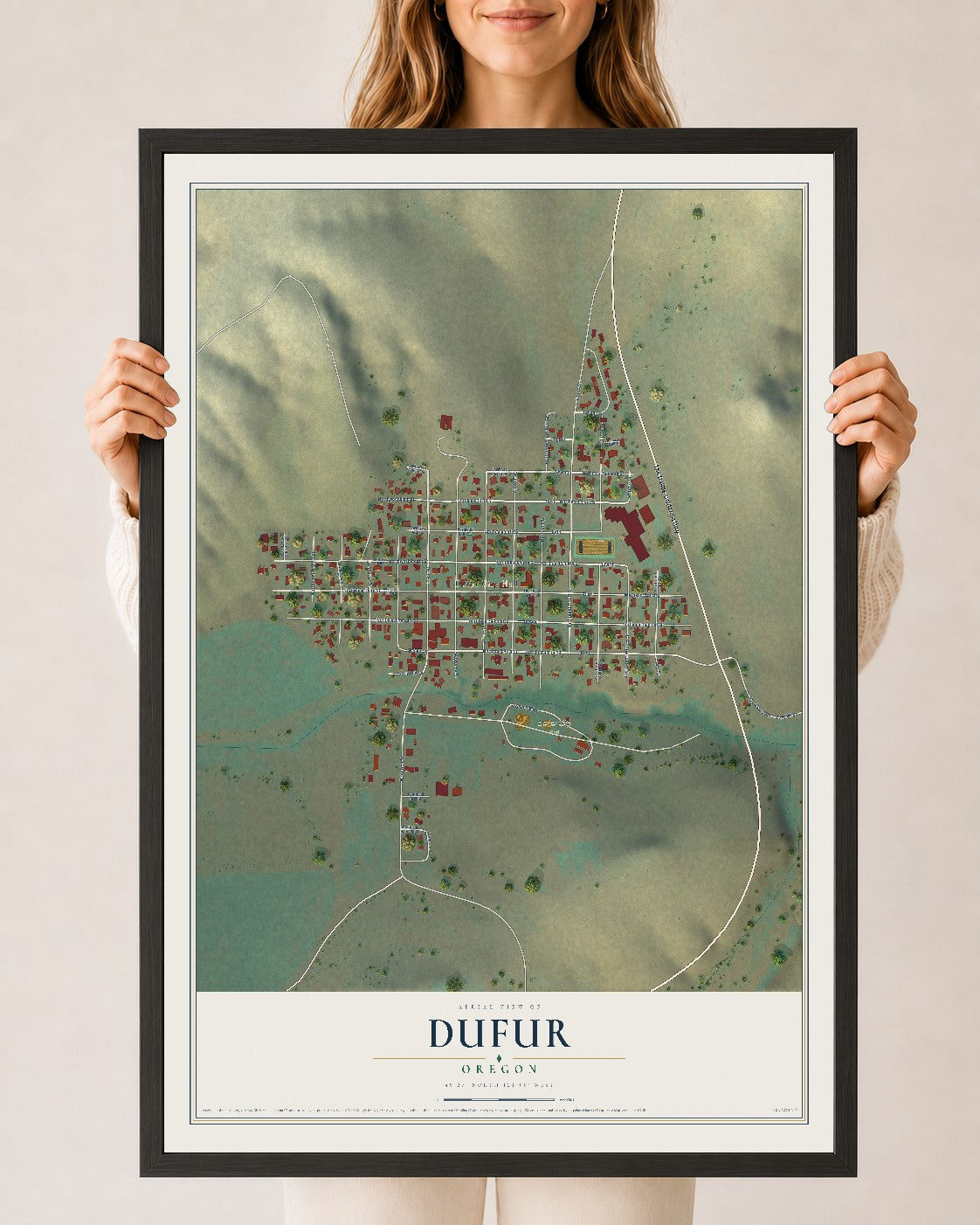 Map of Dufur, Oregon, 24 x 36 inch print in a black wood frame