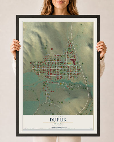 Map of Dufur, Oregon, 24 x 36 inch print in a black wood frame