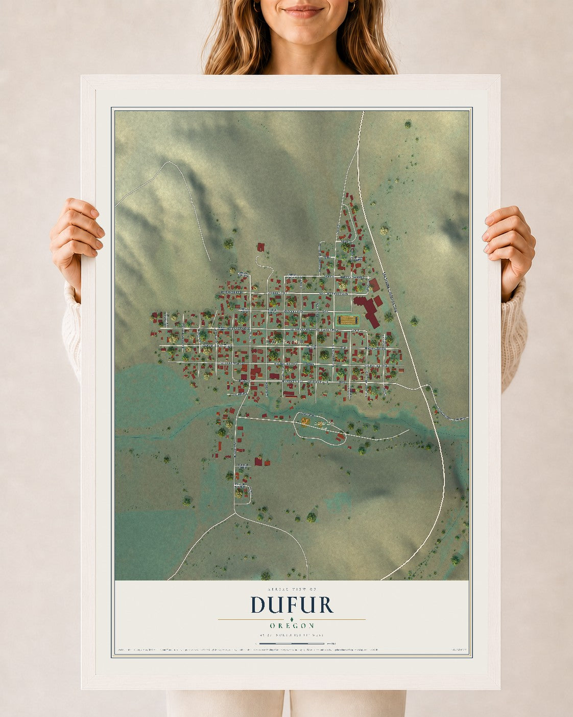 Map of Dufur, Oregon, 24 x 36 inch print in a white wood frame