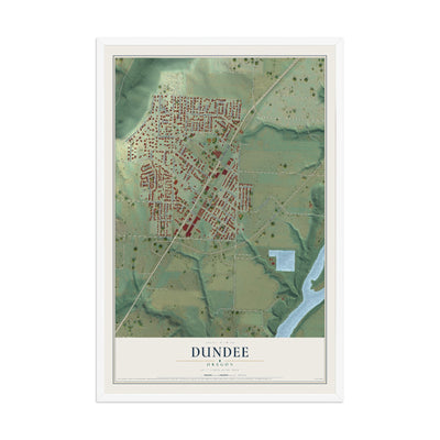 Map of Dundee, Oregon, 12 x 18 inch print in a white wood frame