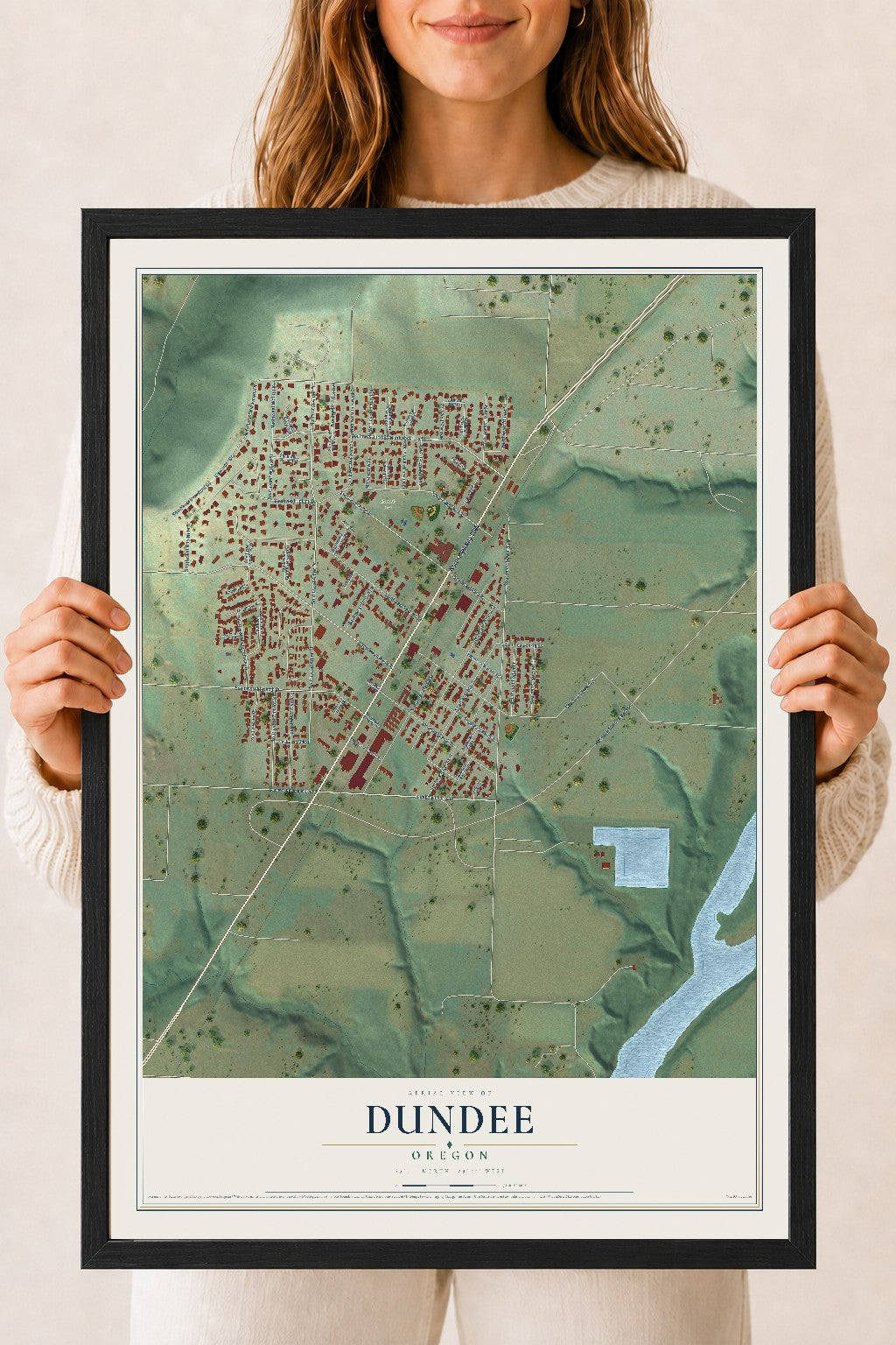 Map of Dundee, Oregon, 18 x 24 inch print in a black wood frame