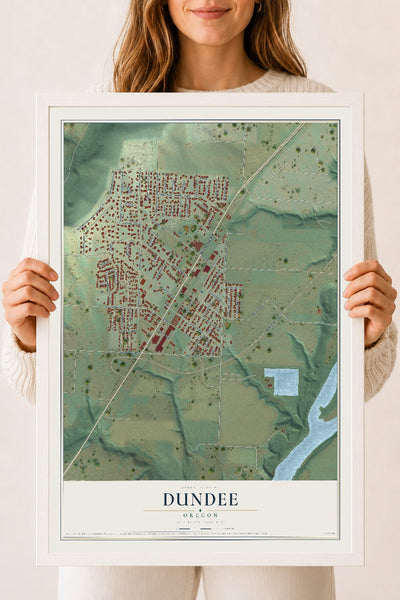 Map of Dundee, Oregon, 18 x 24 inch print in a white wood frame