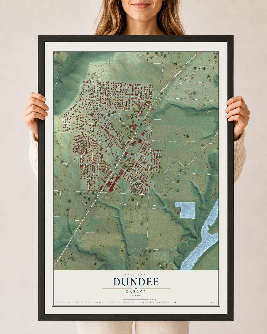 Map of Dundee, Oregon, 24 x 36 inch print in a black wood frame
