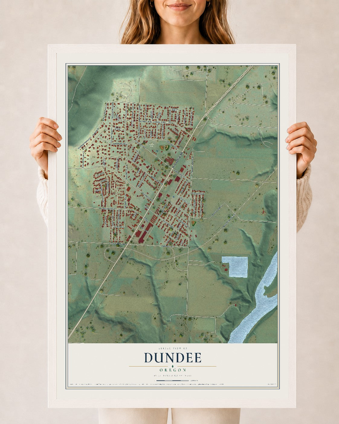 Map of Dundee, Oregon, 24 x 36 inch print in a white wood frame