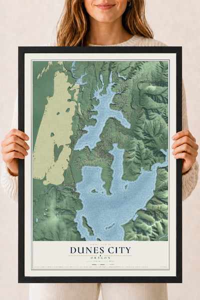 Map of Dunes City, Oregon, 18 x 24 inch print in a black wood frame