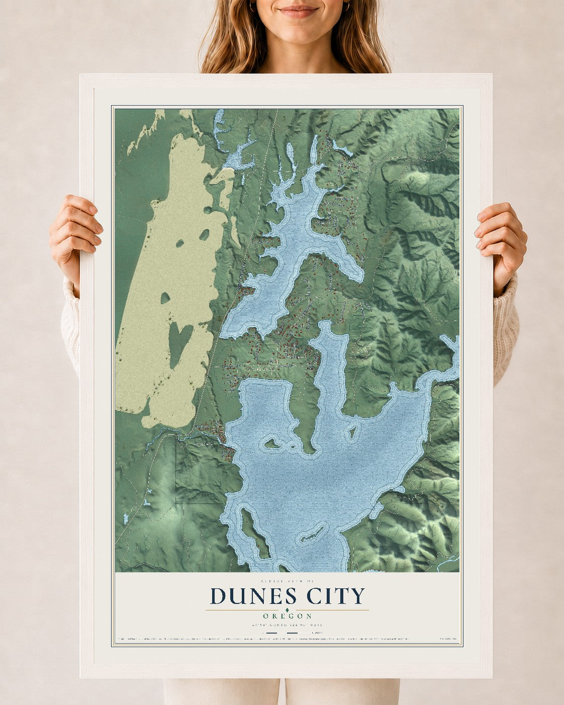 Map of Dunes City, Oregon, 24 x 36 inch print in a white wood frame