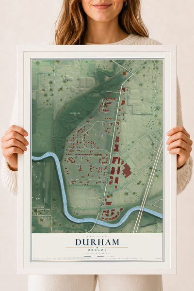 Map of Durham, Oregon, 18 x 24 inch print in a white wood frame
