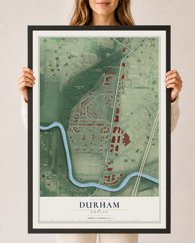 Map of Durham, Oregon, 24 x 36 inch print in a black wood frame