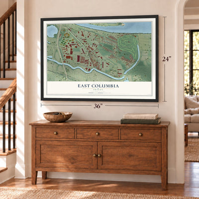 East Columbia, Oregon map, 24 x 36 inch print in a black frame above a dresser by a staircase
