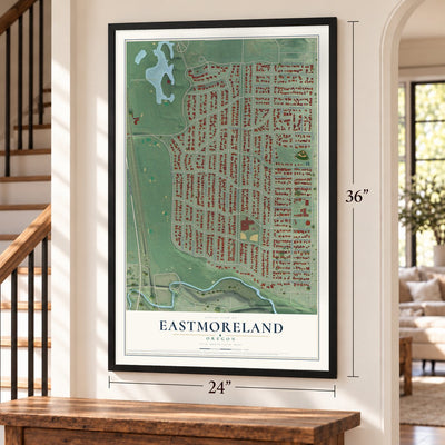 Eastmoreland, Oregon map, 24 x 36 inch print in a black frame by a staircase