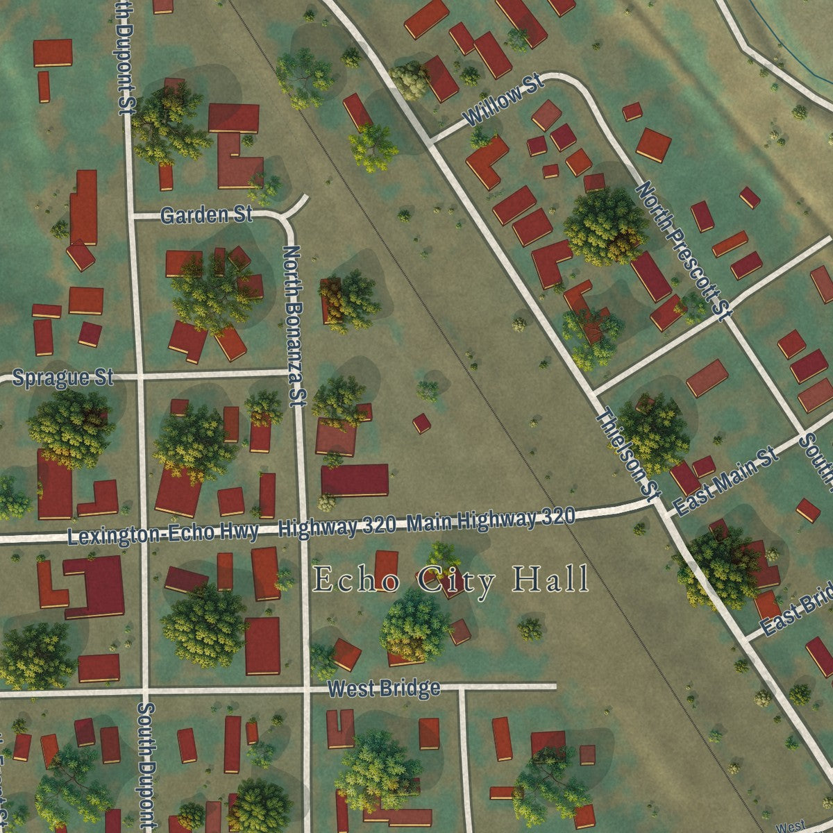 Close-up of the map of Echo, Oregon print showing street and building detail