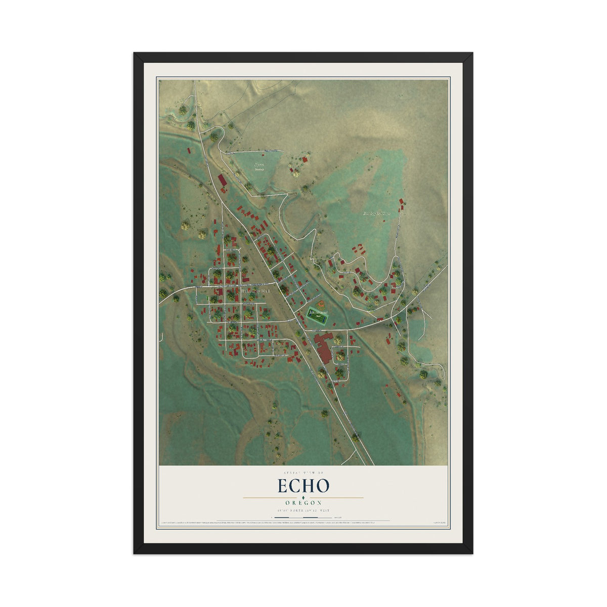 Map of Echo, Oregon, 12 x 18 inch print in a black wood frame