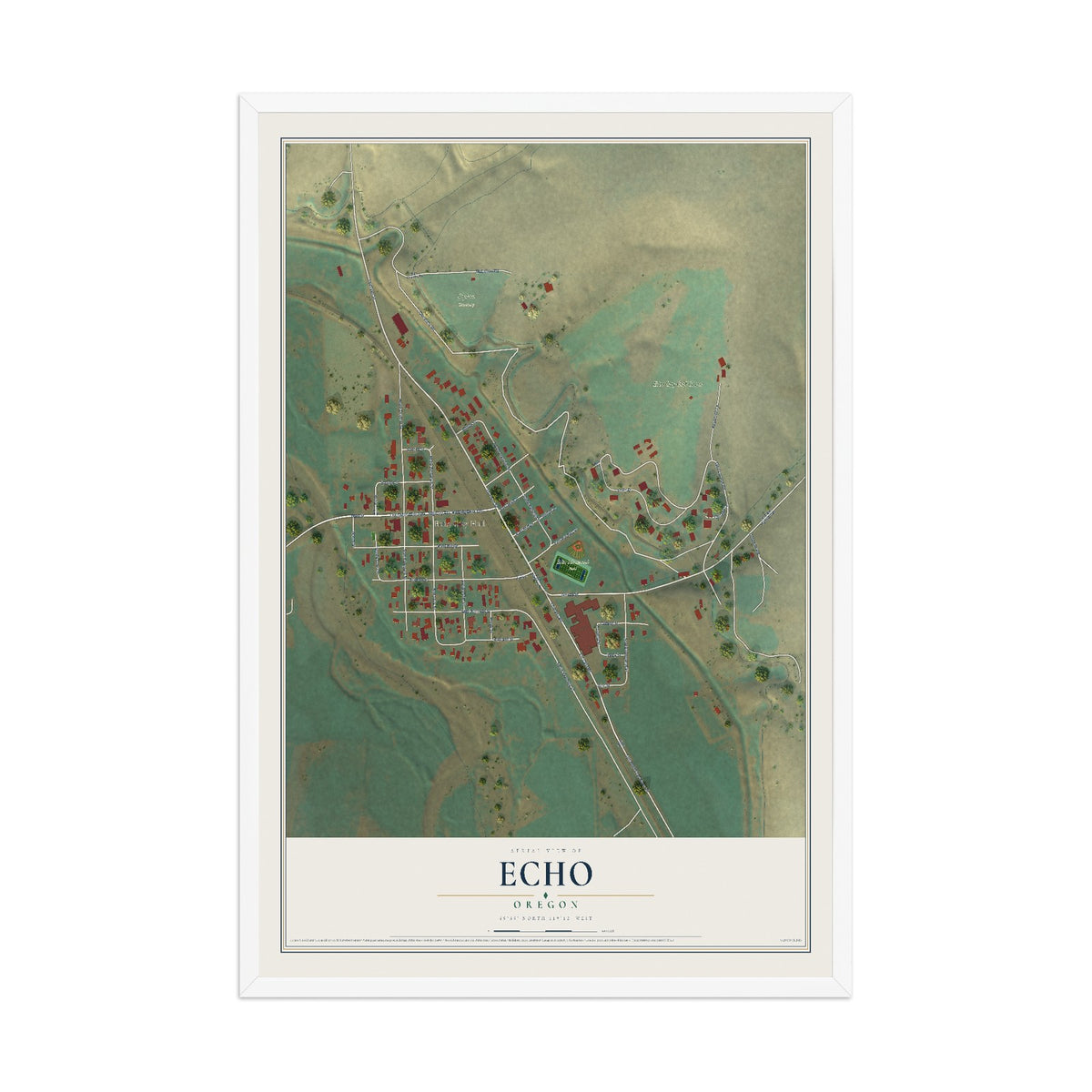 Map of Echo, Oregon, 12 x 18 inch print in a white wood frame