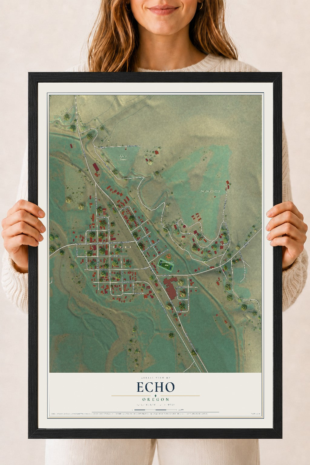 Map of Echo, Oregon, 18 x 24 inch print in a black wood frame