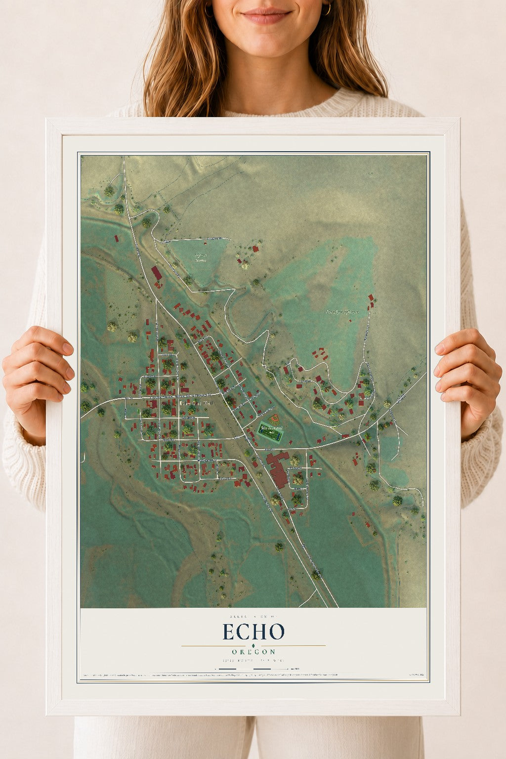 Map of Echo, Oregon, 18 x 24 inch print in a white wood frame