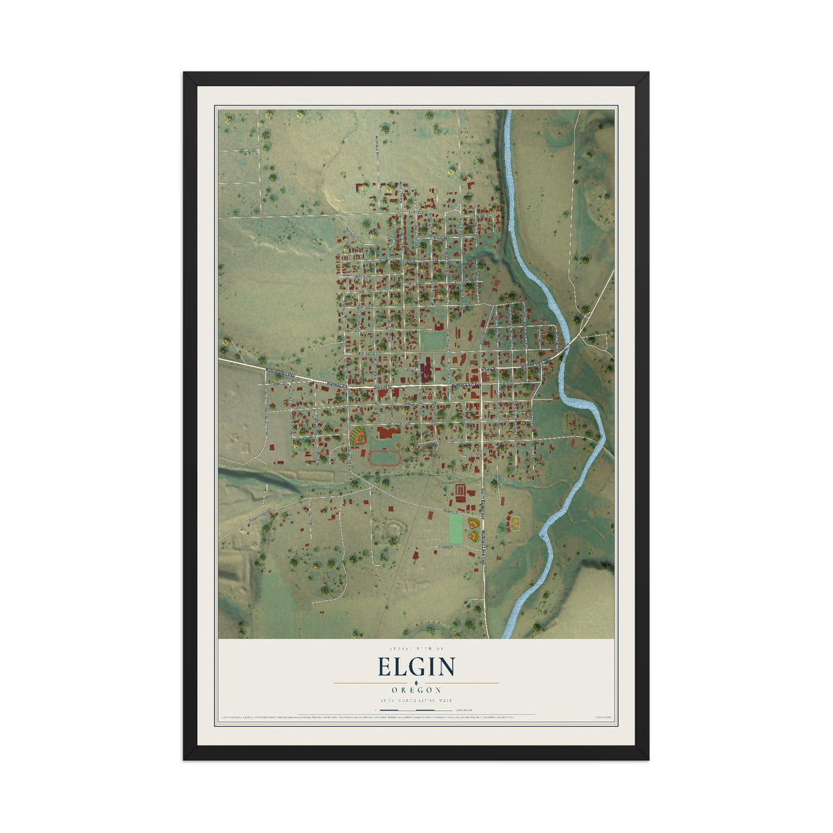 Map of Elgin, Oregon, 12 x 18 inch print in a black wood frame