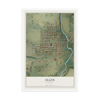 Map of Elgin, Oregon, 12 x 18 inch print in a white wood frame