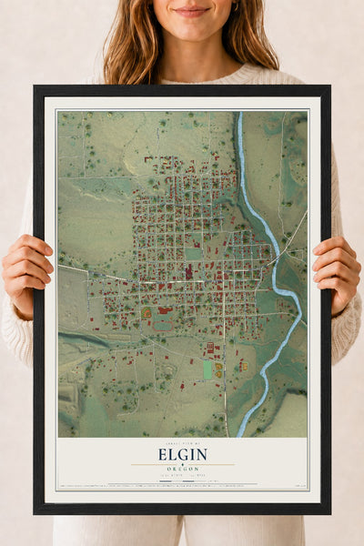 Map of Elgin, Oregon, 18 x 24 inch print in a black wood frame