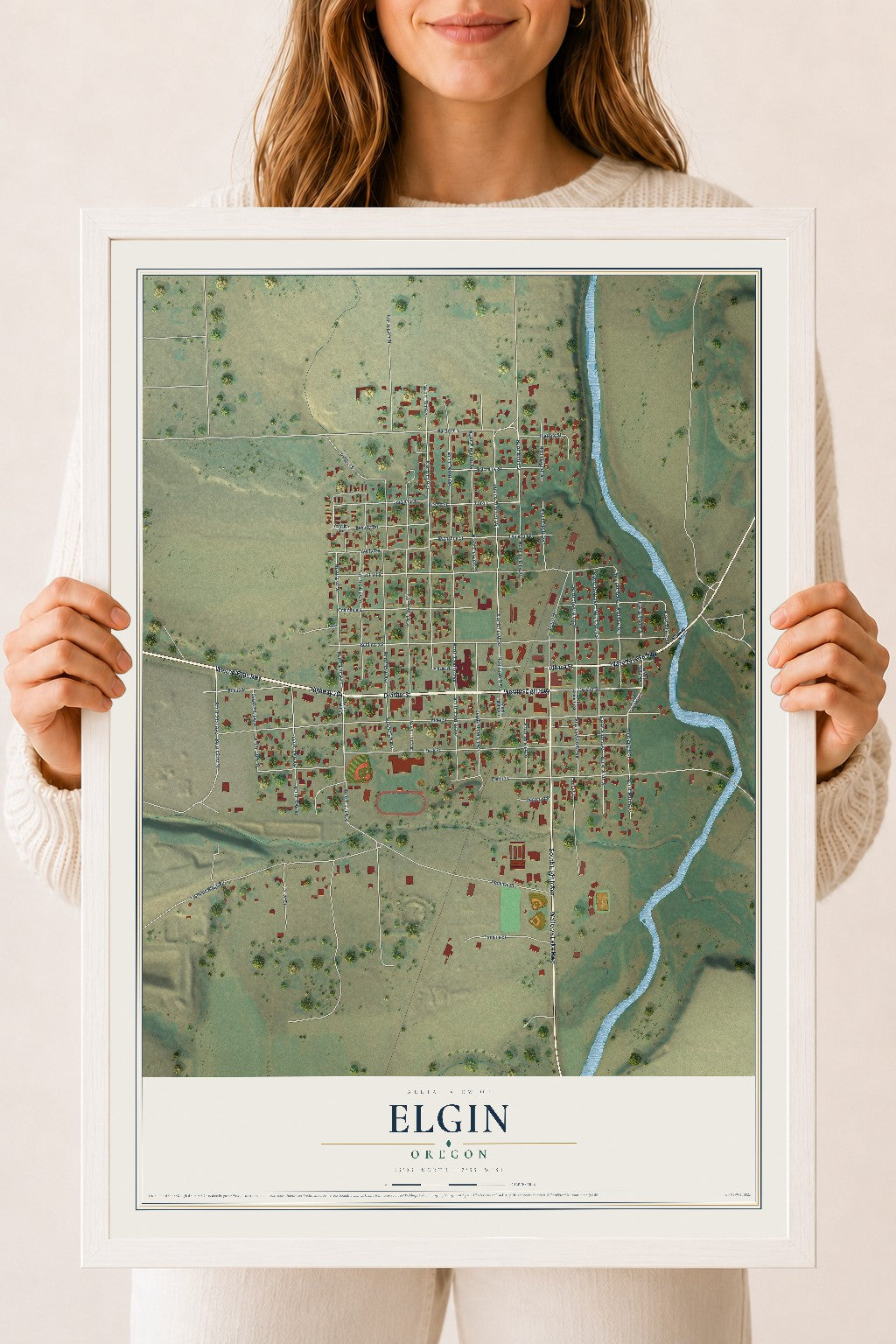 Map of Elgin, Oregon, 18 x 24 inch print in a white wood frame