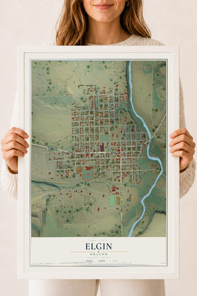 Map of Elgin, Oregon, 18 x 24 inch print in a white wood frame