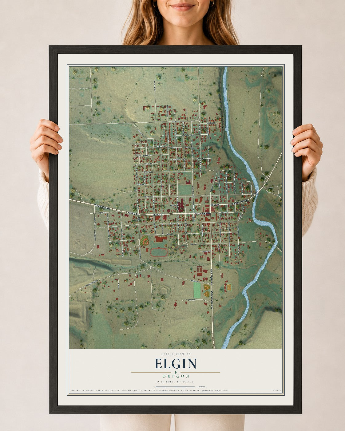 Map of Elgin, Oregon, 24 x 36 inch print in a black wood frame