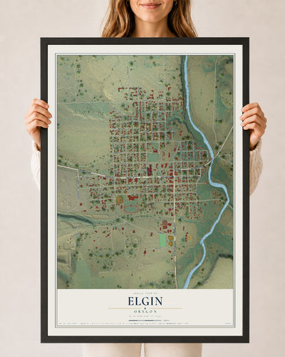 Map of Elgin, Oregon, 24 x 36 inch print in a black wood frame