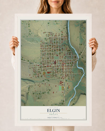 Map of Elgin, Oregon, 24 x 36 inch print in a white wood frame